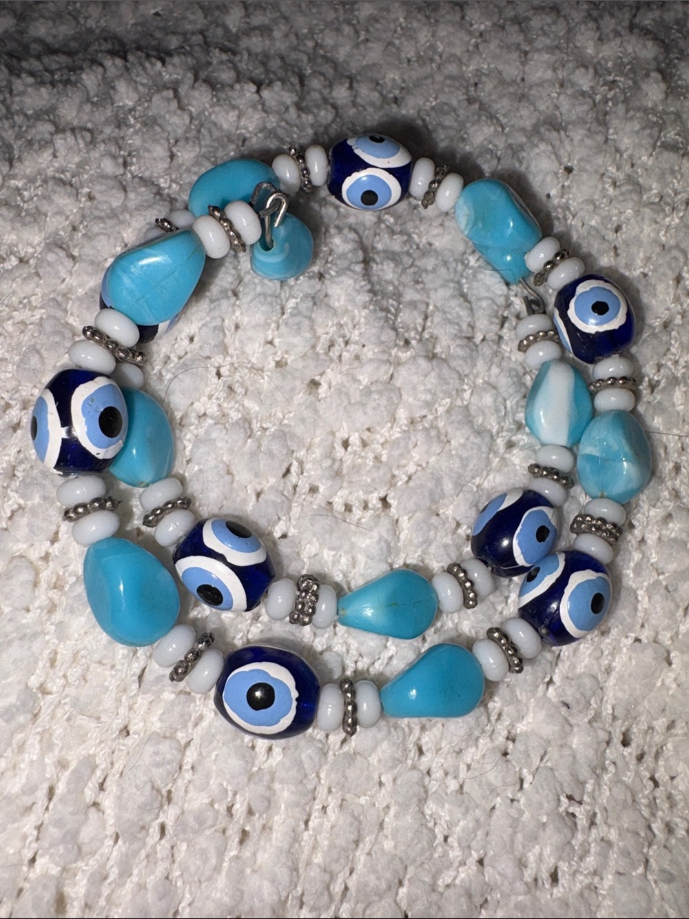 Handmade evil eye turquoise beaded blue/white bracelet adjustable